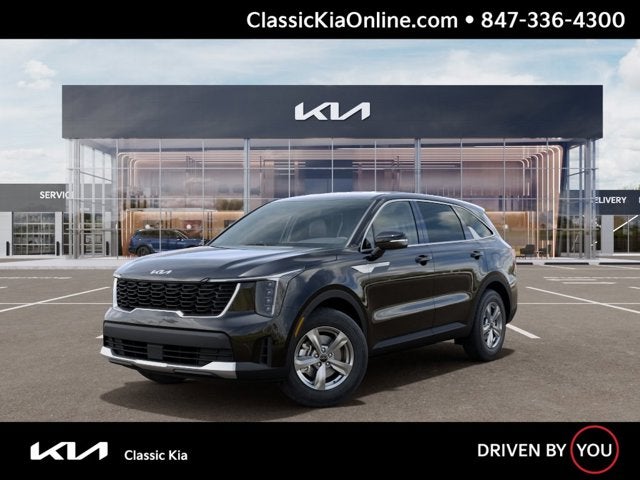 2026 Kia Sorento LX in Ebony Black — front three-quarter view