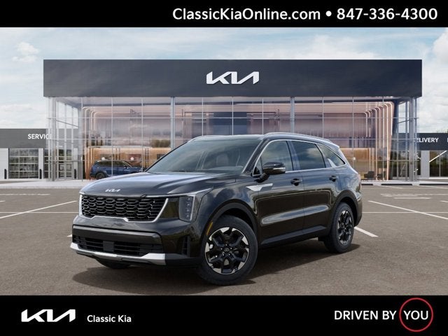 2026 Kia Sorento S in Ebony Black — front three-quarter view