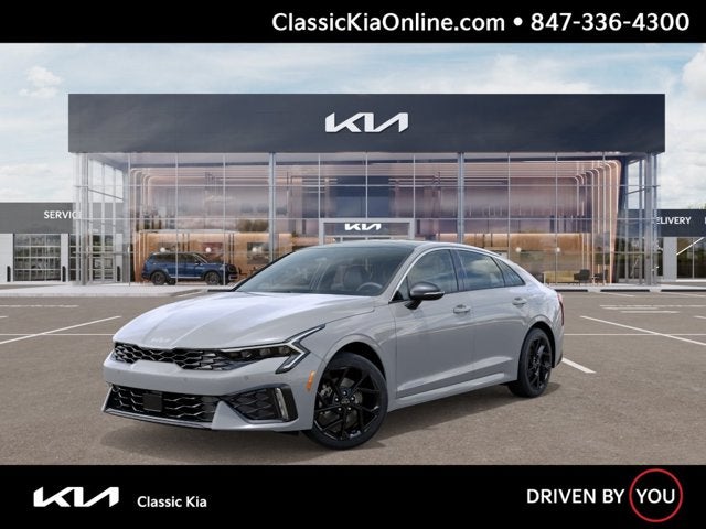 2026 Kia K5 GT-Line in Wolf Gray — front three-quarter view