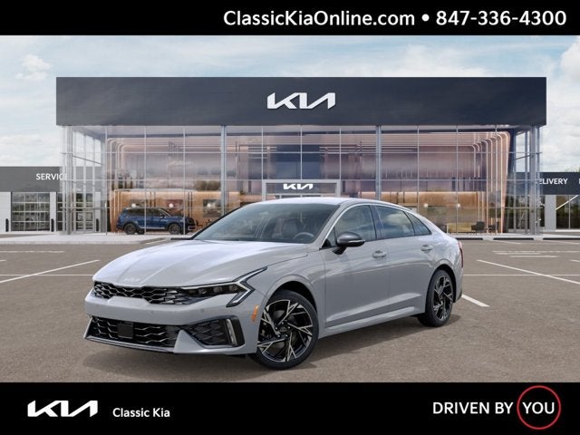 2026 Kia K5 GT-Line in Wolf Gray — front three-quarter view