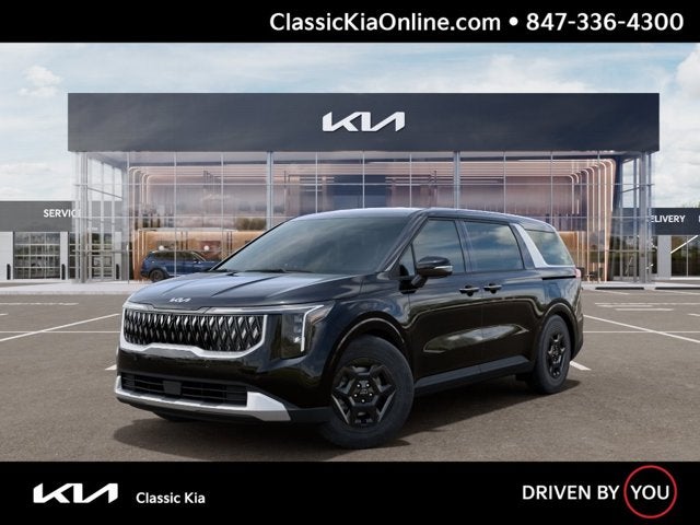 2026 Kia Carnival LXS in Aurora Black Pearl — front three-quarter view